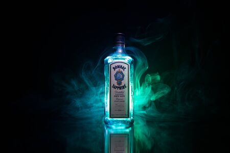 Baku, Azerbaijan - JUNE 16. 2019, Bottle of Bombay Sapphire, a brand of gin distributed by Bacardi. Introduced to the market in 1987 by International Distillers and Vintners.のeditorial素材