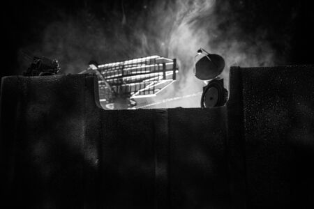 Silhouettes of satellite dishes or radio antennas against night sky. Space observatory or Air defence radar over dramatic night sky. Creative artwork decoration. Selective focusの写真素材