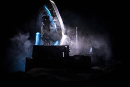 Creative artwork decoration. Chernobyl nuclear power plant at night. Layout of abandoned Chernobyl station after nuclear reactor explosion. Selective focusの写真素材