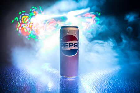 BAKU, AZERBAIJAN - APRIL 20,2019 : Pepsi can against dark toned foggy background. Pepsi is a carbonated soft drink produced by PepsiCo.のeditorial素材