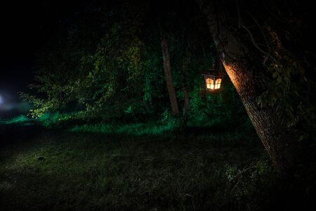 Horror Halloween concept. Burning old oil lamp in forest at night. Night scenery of a nightmare scene. Selective focus.の写真素材