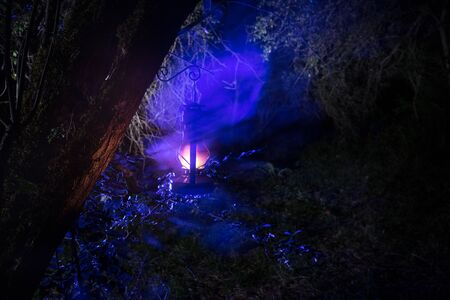 Horror Halloween concept. Burning old oil lamp in forest at night. Night scenery of a nightmare...