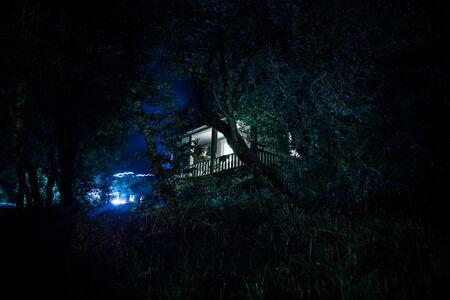 Horror Halloween concept. Burning old oil lamp in forest at night. Night scenery of a nightmare scene. Selective focus.の写真素材