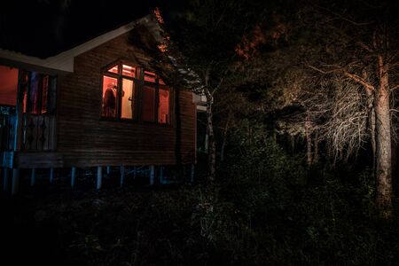 Old house with a Ghost in the forest at night. Horror silhouette at the window. Old building in...