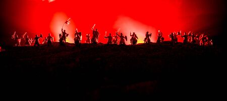 Medieval battle scene with cavalry and infantry. Silhouettes of figures as separate objects, fight...