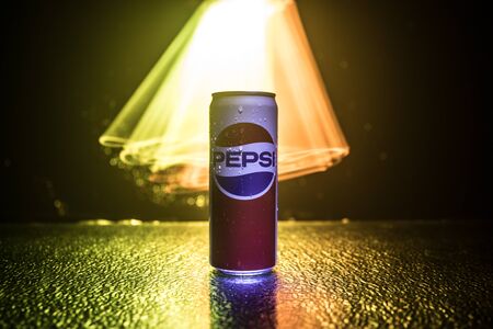 BAKU, AZERBAIJAN - APRIL 20,2019 : Pepsi can against dark toned foggy background. Pepsi is a carbonated soft drink produced by PepsiCo.のeditorial素材