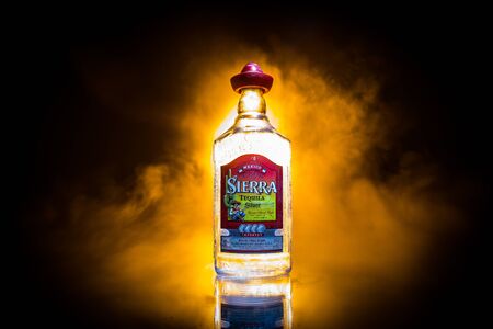 Baku, Azerbaijan - JUNE 16. 2019. Bottle of Sierra Tequila, a brand of liquor belonging to the company Borco-Marken-Import from Hamburg, manufactured in Destilerías Sierra Unidas, Guadalajara, Mexicoのeditorial素材