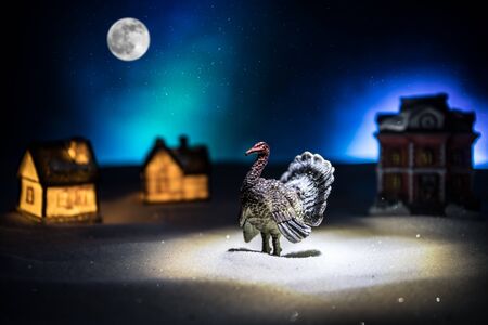 Thanksgiving celebration funny concept. Artwork decoration with Turkey tom statue on snow. Selective...