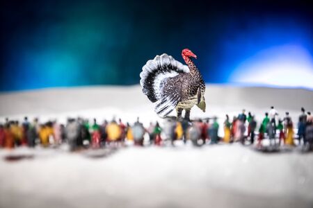 Thanksgiving celebration funny concept. Artwork decoration with Turkey tom statue on snow. Selective focus. Empty space for your textの写真素材
