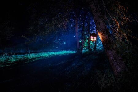 Horror Halloween concept. Burning old oil lamp in forest at night. Night scenery of a nightmare...