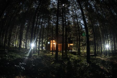 Mountain night landscape of building at forest at night with moon or vintage country house at night...