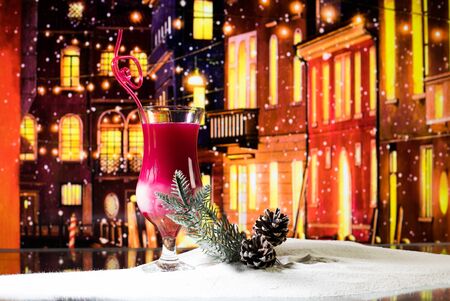 New Year and Christmas party concept. Different tasty cocktails with creative New Year holiday artwork decoration on background. Colorful cocktail in glass. Party club entertainment. Copy space.の写真素材