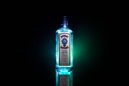 Baku, Azerbaijan - JUNE 16. 2019, Bottle of Bombay Sapphire, a brand of gin distributed by Bacardi. Introduced to the market in 1987 by International Distillers and Vintners.のeditorial素材