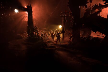 War Concept. Military silhouettes fighting scene on war fog sky background, World War Soldiers...