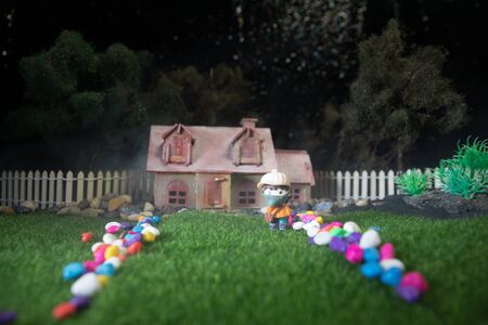 Model house in the meadow with grass and daisies in the evening. Table decoration. Selective focusの写真素材