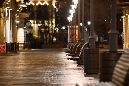 BAKU, AZERBAIJAN - APRIL 7, 2020 - Downtown Baku, Azerbaijan. Empty streets of Baku, the capital of Azerbaijan at night. Covid pandemic happeningのeditorial素材