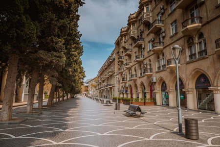 BAKU, AZERBAIJAN - APRIL 7, 2020 - Downtown Baku, Azerbaijan. Empty streets of Baku, the capital of Azerbaijan at Daytime. Covid pandemic happeningのeditorial素材
