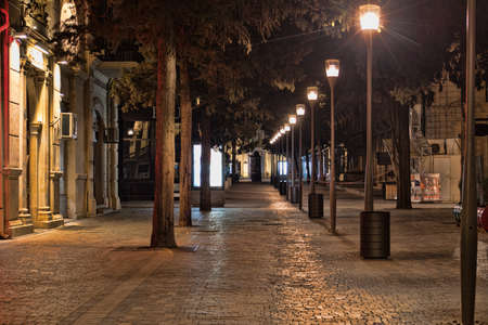 BAKU, AZERBAIJAN - APRIL 7, 2020 - Downtown Baku, Azerbaijan. Empty streets of Baku, the capital of Azerbaijan at night. Covid pandemic happeningのeditorial素材