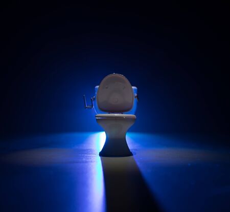 Creative concept. Miniature white toilet bowl on dark foggy background. Selective focusの写真素材