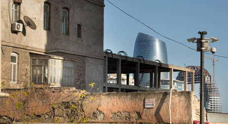 BAKU, AZERBAIJAN - APRIL14, 2020 - Downtown Baku, Azerbaijan. Empty streets of Baku, the capital of Azerbaijan at Daytime. Old buildings of downtown. Detailedのeditorial素材