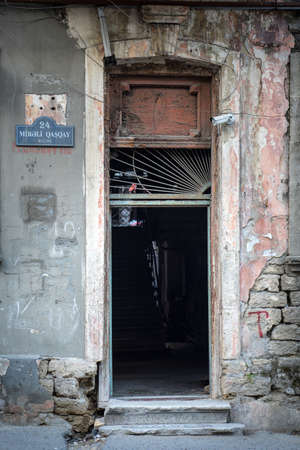 BAKU, AZERBAIJAN - APRIL14, 2020 - Downtown Baku, Azerbaijan. Empty streets of Baku, the capital of Azerbaijan at Daytime. Old buildings of downtown. Detailedのeditorial素材