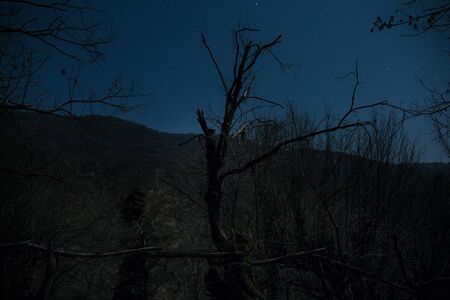 Full moon over quiet village at night. Beautiful night landscape of mountain village under the moonlight. Azerbaijan nature. Long exposure shotの写真素材