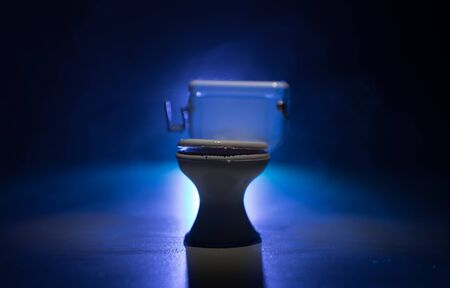 Creative concept. Miniature white toilet bowl on dark foggy background. Selective focusの写真素材