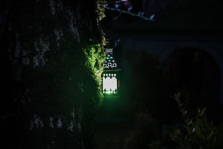 Beautiful colorful illuminated lamp in the garden in misty night. Retro style lantern at night...