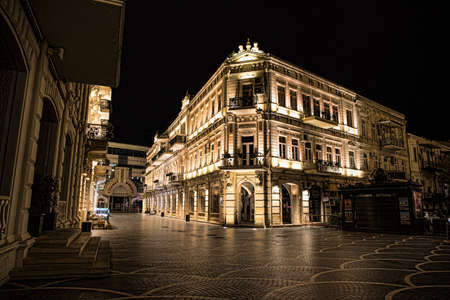 BAKU, AZERBAIJAN - APRIL 7, 2020 - Downtown Baku, Azerbaijan. Empty streets of Baku, the capital of Azerbaijan at night. Covid pandemic happeningのeditorial素材