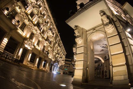 BAKU, AZERBAIJAN - APRIL 7, 2020 - Downtown Baku, Azerbaijan. Empty streets of Baku, the capital of Azerbaijan at night. Covid pandemic happeningのeditorial素材