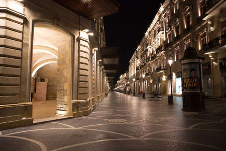 BAKU, AZERBAIJAN - APRIL 7, 2020 - Downtown Baku, Azerbaijan. Empty streets of Baku, the capital of Azerbaijan at night. Covid pandemic happeningのeditorial素材