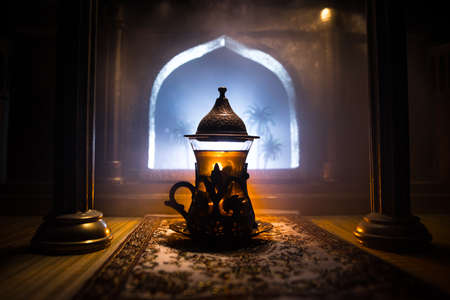 Arabian tea concept. A realistic Arabian interior miniature with window and columns. Arabian tea in...