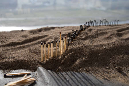 Social distancing concept showing how it can stop spreading of corona virus pandemic. One match with more distance stops burning of others Selective focus. Sunset backgroundの写真素材