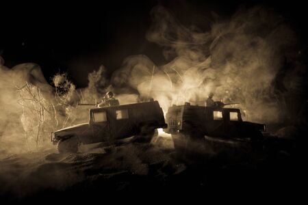 War Concept. Battle scene on war fog sky background, Fighting silhouettes Below Cloudy Skyline at...