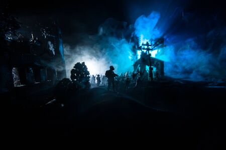 War Concept. Military silhouettes fighting scene on war fog sky background, World War Soldiers...