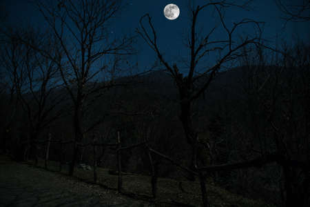 Full moon over quiet village at night. Beautiful night landscape of mountain village under the...