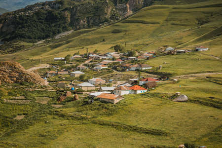Beautiful landscape in the mountains at summer in daytime. Mountains at the sunset time. Azerbaijan, Caucasus. Khinaligの写真素材