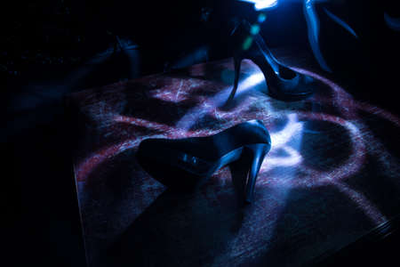 Artwork decoration. Silhouette of a high heel women shoes at dark. Women power or women domination concept. Selective focusの写真素材