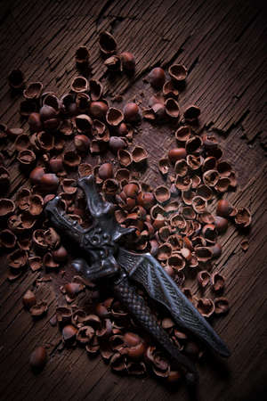 Still life with Hazelnut shells on rustic old wooden table. Creative table decoration. Closeup. Selective focusの写真素材