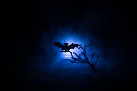 Scary view of zombies at cemetery dead tree, bat and spooky cloudy sky with fog, Horror Halloween concept. Selective focusの写真素材