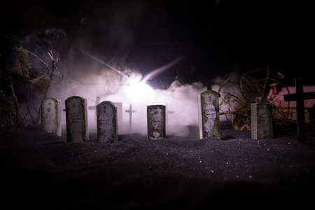 Horror view of cemetery miniature at night, Horror Halloween concept. Selective focus
