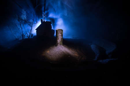Horror view of cemetery miniature at night, Horror Halloween concept. Selective focus