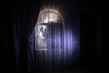 Silhouette of an unknown shadow figure on a door through a closed glass door. The silhouette of a...