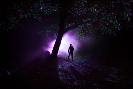 Silhouette of person standing in the dark forest with light. Horror halloween concept. strange...
