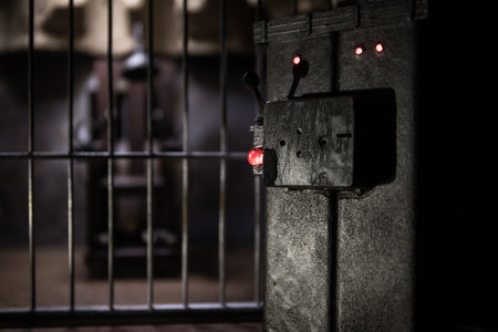 Execution concept. Death penalty electric chair miniature in selective focus inside old prison. Old prison bars cell lock. Creative artwork decoration. Electric chair scale model in the darkの写真素材