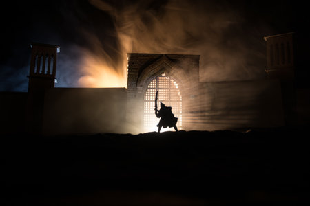 Medieval battle scene. Silhouettes of figures as separate objects, fight between warriors at night. Creative artwork decoration. Foggy background. Selective focusの写真素材