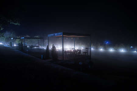 Gazebo with lights / gazebo at night / a gazebo lit up at night or Trees and street lamps on a quiet foggy night. Foggy misty evening lamps in empty road at forest.の写真素材