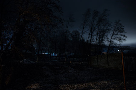 Night street country road with buildings and fences covered in fog lamp. Or Mysterious night in Azerbaijan mountain village. Long exposure shotの写真素材