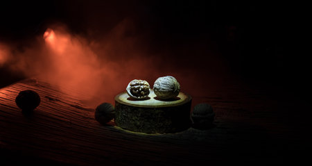 Still life with Walnut kernels and whole walnuts on rustic old tree trunk. Creative table...