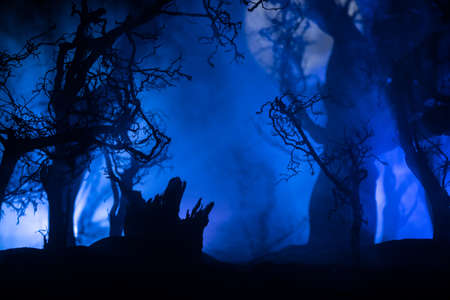 Silhouette of howling wolf against dead forest skyline and full moon. Creative artwork decoration. Selective focusの写真素材